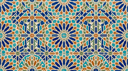 Fototapeta premium Handcrafted ceramic tile patterns with Mediterranean and Moorish geometric motifs, weathered glaze, rich blue, turquoise, green and terracotta tones, intricate symmetry, vintage texture, elegant style