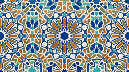 Fototapeta premium Handcrafted ceramic tile patterns with Mediterranean and Moorish geometric motifs, weathered glaze, rich blue, turquoise, green and terracotta tones, intricate symmetry, vintage texture, elegant style