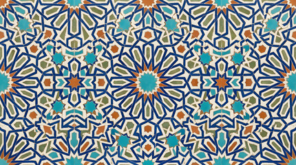 Fototapeta premium Handcrafted ceramic tile patterns with Mediterranean and Moorish geometric motifs, weathered glaze, rich blue, turquoise, green and terracotta tones, intricate symmetry, vintage texture, elegant style
