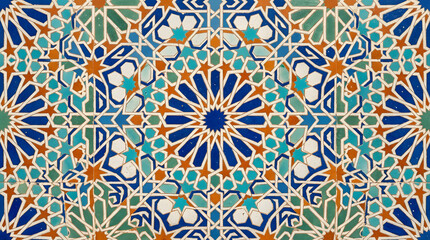 Fototapeta premium Handcrafted ceramic tile patterns with Mediterranean and Moorish geometric motifs, weathered glaze, rich blue, turquoise, green and terracotta tones, intricate symmetry, vintage texture, elegant style