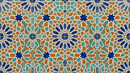 Fototapeta premium Handcrafted ceramic tile patterns with Mediterranean and Moorish geometric motifs, weathered glaze, rich blue, turquoise, green and terracotta tones, intricate symmetry, vintage texture, elegant style