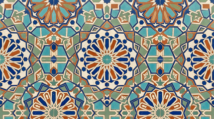 Fototapeta premium Handcrafted ceramic tile patterns with Mediterranean and Moorish geometric motifs, weathered glaze, rich blue, turquoise, green and terracotta tones, intricate symmetry, vintage texture, elegant style