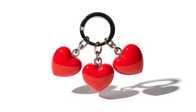Metal key ring with three red hearts. Romantic keychain with glossy heart charms.