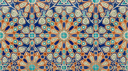 Fototapeta premium Handcrafted ceramic tile patterns with Mediterranean and Moorish geometric motifs, weathered glaze, rich blue, turquoise, green and terracotta tones, intricate symmetry, vintage texture, elegant style