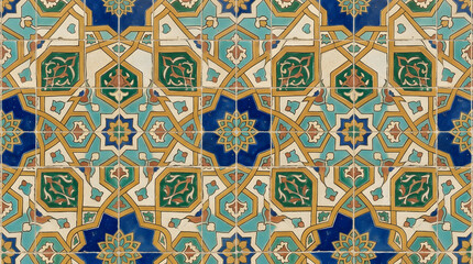 Fototapeta premium Handcrafted ceramic tile patterns with Mediterranean and Moorish geometric motifs, weathered glaze, rich blue, turquoise, green and terracotta tones, intricate symmetry, vintage texture, elegant style