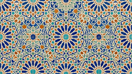 Fototapeta premium Handcrafted ceramic tile patterns with Mediterranean and Moorish geometric motifs, weathered glaze, rich blue, turquoise, green and terracotta tones, intricate symmetry, vintage texture, elegant style