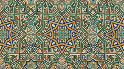 Fototapeta premium Handcrafted ceramic tile patterns with Mediterranean and Moorish geometric motifs, weathered glaze, rich blue, turquoise, green and terracotta tones, intricate symmetry, vintage texture, elegant style