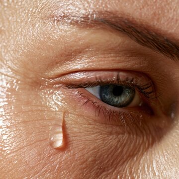Macro extreme close up of human eye with tear droplet