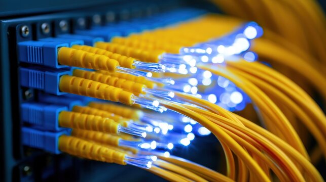 Close up of bright yellow fiber optic cables transmitting glowing blue light in a data center