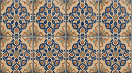 Fototapeta premium Handcrafted ceramic tile patterns with Mediterranean and Moorish geometric motifs, weathered glaze, rich blue, turquoise, green and terracotta tones, intricate symmetry, vintage texture, elegant style