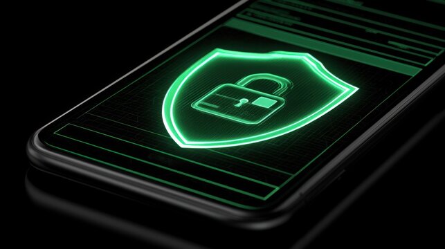 Secure digital shield with padlock icon glowing on smartphone screen cyber security concept
