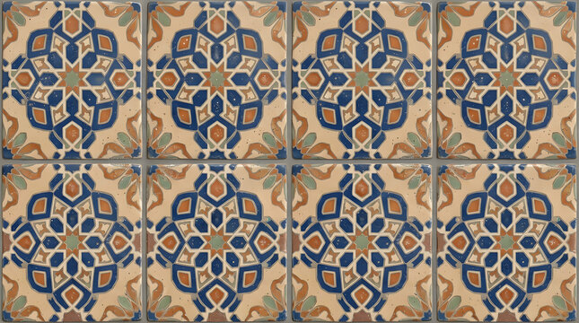 Handcrafted ceramic tile patterns with Mediterranean and Moorish geometric motifs, weathered glaze, rich blue, turquoise, green and terracotta tones, intricate symmetry, vintage texture, elegant style