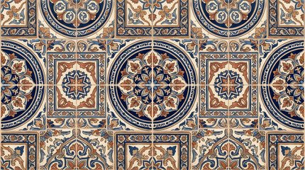 Fototapeta premium Handcrafted ceramic tile patterns with Mediterranean and Moorish geometric motifs, weathered glaze, rich blue, turquoise, green and terracotta tones, intricate symmetry, vintage texture, elegant style