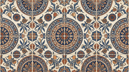 Fototapeta premium Handcrafted ceramic tile patterns with Mediterranean and Moorish geometric motifs, weathered glaze, rich blue, turquoise, green and terracotta tones, intricate symmetry, vintage texture, elegant style