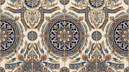 Fototapeta premium Handcrafted ceramic tile patterns with Mediterranean and Moorish geometric motifs, weathered glaze, rich blue, turquoise, green and terracotta tones, intricate symmetry, vintage texture, elegant style