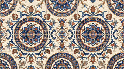 Fototapeta premium Handcrafted ceramic tile patterns with Mediterranean and Moorish geometric motifs, weathered glaze, rich blue, turquoise, green and terracotta tones, intricate symmetry, vintage texture, elegant style