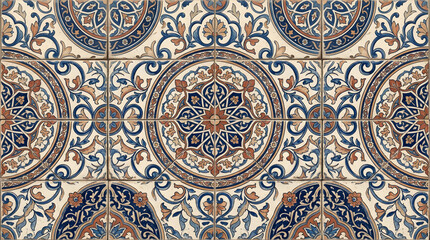 Fototapeta premium Handcrafted ceramic tile patterns with Mediterranean and Moorish geometric motifs, weathered glaze, rich blue, turquoise, green and terracotta tones, intricate symmetry, vintage texture, elegant style