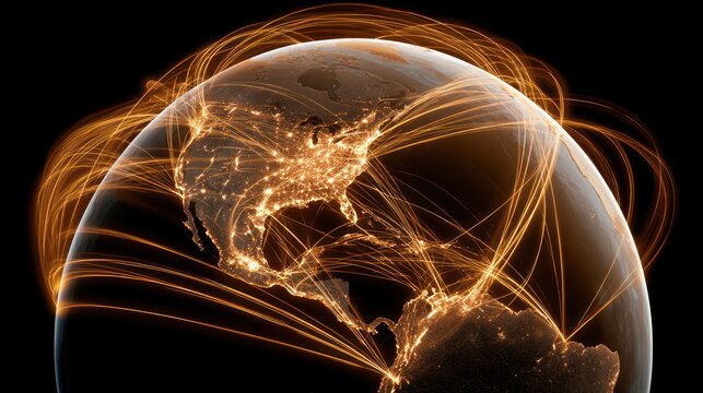 Global network of lights connecting continents and cities at night