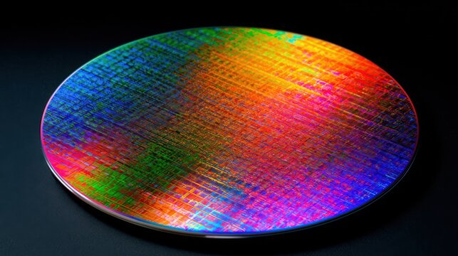 Macro view of a vibrant multicolored silicon wafer with intricate patterns and lines