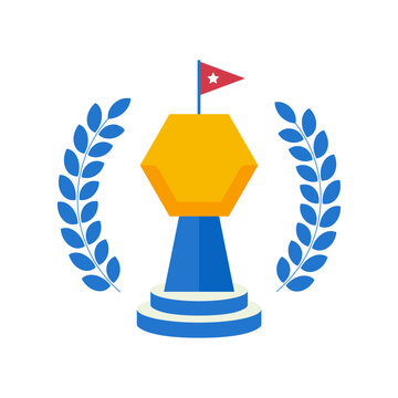 Golden trophy cup on a blue pedestal with laurel wreaths and a small nepal flag icon