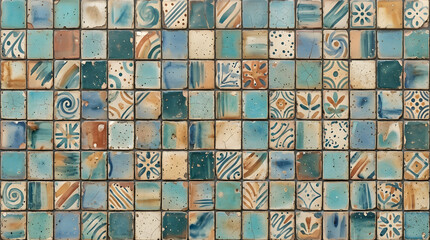 Fototapeta premium Handcrafted ceramic tile patterns with Mediterranean and Moorish geometric motifs, weathered glaze, rich blue, turquoise, green and terracotta tones, intricate symmetry, vintage texture, elegant style