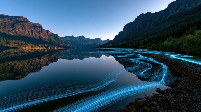 Bioluminescent river flowing through mountains at dusk with reflection