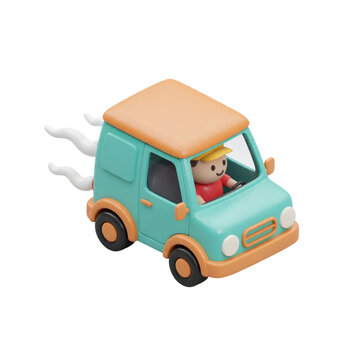 3D Isometric Cute Turquoise Delivery Van Toy Vehicle with Driver Illustration Isolated on a Transparent Background
