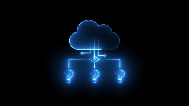 Neon cloud computing network with question marks animation, digital data uncertainty concept data network