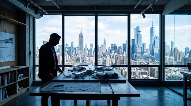 Architect Reviewing Building Plans at Skyline Window