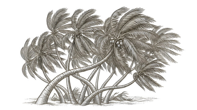 Detailed vintage engraving style illustration of palm trees bending in a strong tropical wind storm