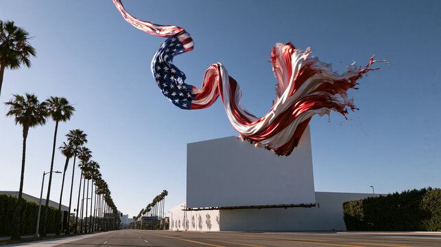 American Flag Fabric Flying Through Modern Architecture