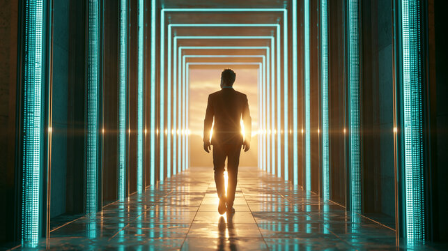 Businessman Walking Toward Light Through Neon Corridor