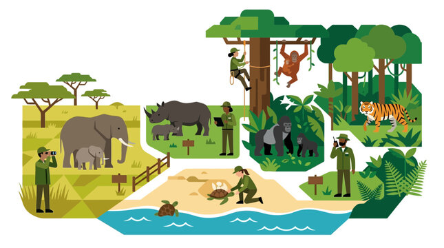 Wildlife Conservation Scene with Zookeepers and Animals