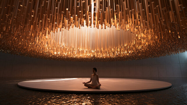 Meditative Figure in Dramatic Golden Light Installation