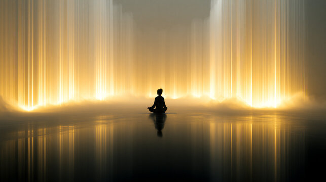 Silhouette Figure Meditating in Dramatic Luminous Corridor