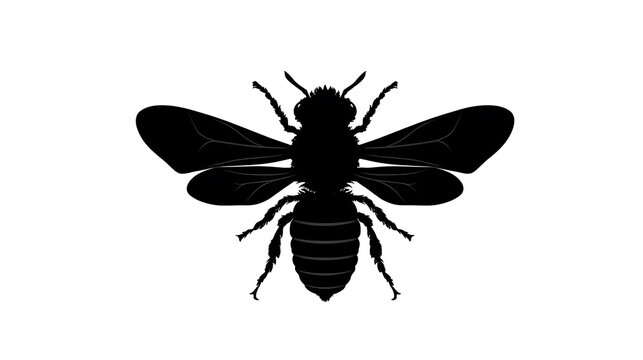 A striking silhouette of a bee with outstretched wings on a clean white background
