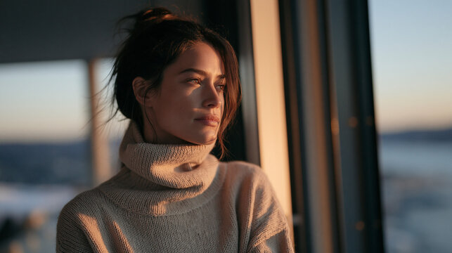 Woman Gazing Out Window at Sunset, Contemplative Mood