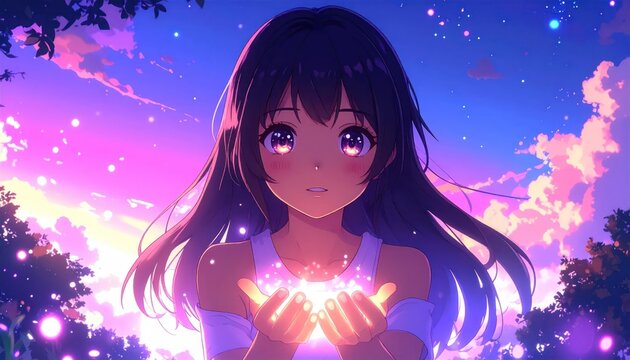 Anime Girl Holding Glowing Light in a Dreamy Night Sky.