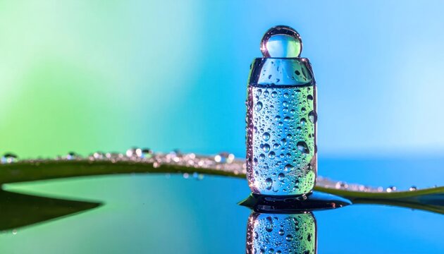 Water droplet covered bottle on reflective surface with vibrant background.