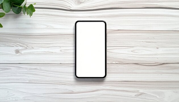 Smartphone with blank screen on wooden table with plant.