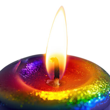 Rainbow candle flame close-up, colorful wax texture with glitter, glowing light for celebration and relaxation mood isolated on Transparent Background