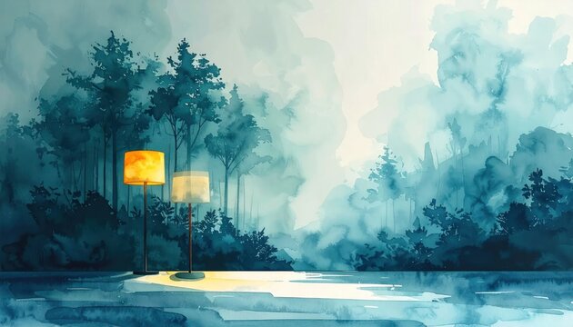 Watercolor Serenity - Forest, Lake, and Lanterns in Misty Light.
