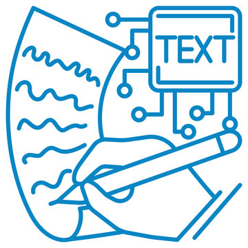 AI handwritten text recognition vector line icon. Hand writing on paper with text circuit chip representing OCR, HTR, and smart document scanning