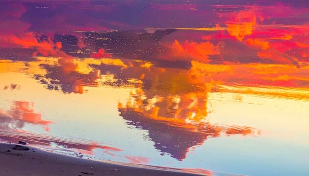 Vibrant sunset reflection on calm water, creating a surreal atmosphere.
