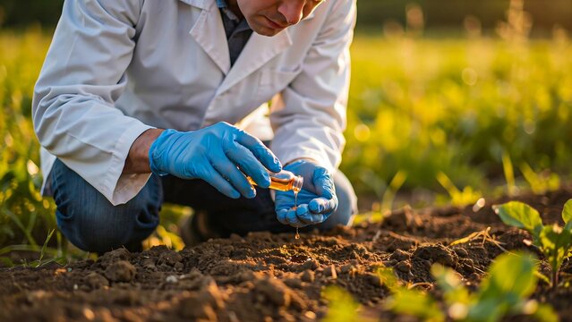 Title:
Agricultural scientist examining healthy crop growth and soil quality in farmland photo