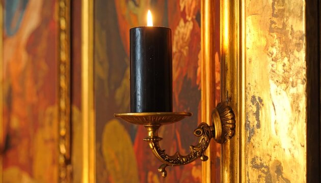 Elegant Black Candle on Ornate Gold Sconce Illuminating Artwork.