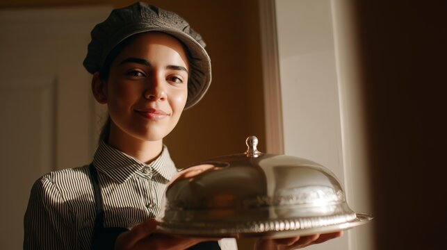 A hotel employee holds a tray with a covered dish. A Latin American young woman in the uniform of the hotel staff gives a compliment from the hotel to the guest in the interior of the room.