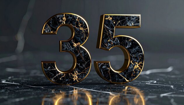 Luxurious three-dimensional number 35 crafted from black stone with elegant golden cracks