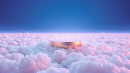 Pink clouds fill landscape. Golden platform stands prominently amidst fluffy formations. Blue sky above creates serene scene.