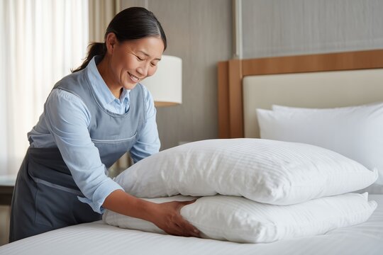 A maid carefully arranges the pillows on a bed in a bright hotel room. The scene conveys a sense of cleanliness, comfort, and a high level of service associated with preparing the room for guests.